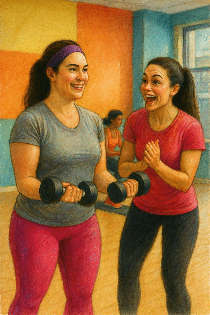 A trainer is cheering on a woman who is exercising with dumbbells in a fitness studio. Another woman is doing lunges in the background.