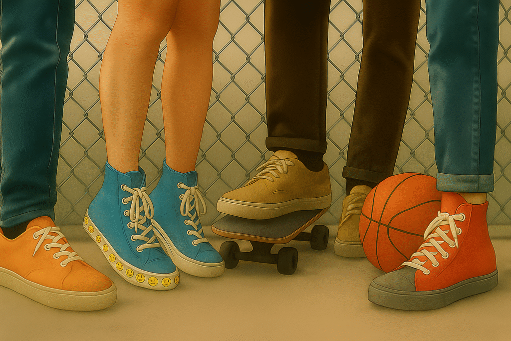 An AI-generated image showing the legs of four people in front of a chain-link fence, each wearing a pair of sneakers. One person has a foot on a skateboard, and a basketball is sitting next to another foot.