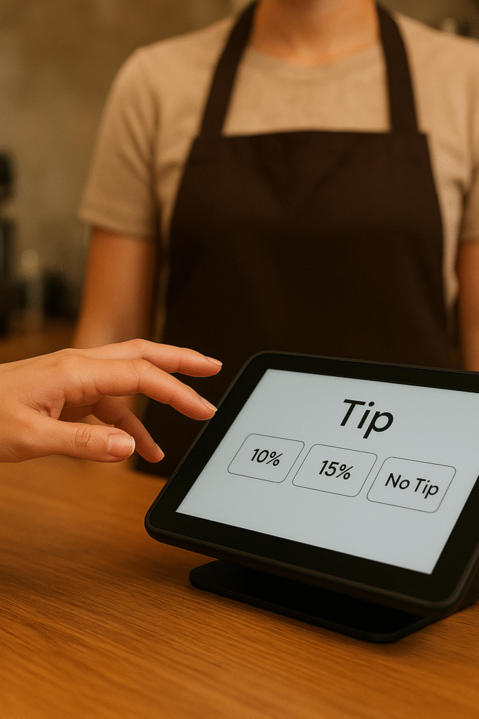 An AI-generated image showing a counter at a cafe with someone's hand hovering over a screen asking for a tip. A clerk stands behind the counter.