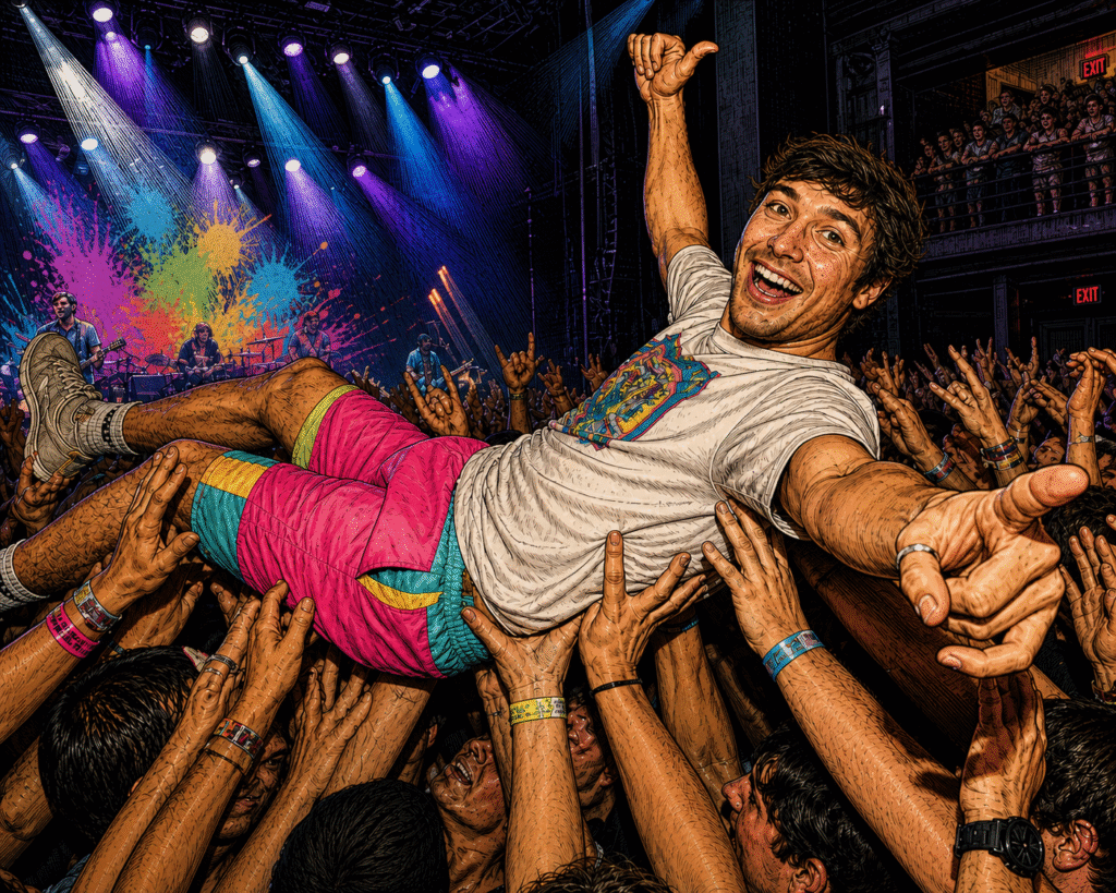 An AI-generated image showing a man crowd surfing at a concert, smiling and pointing at the viewer. 